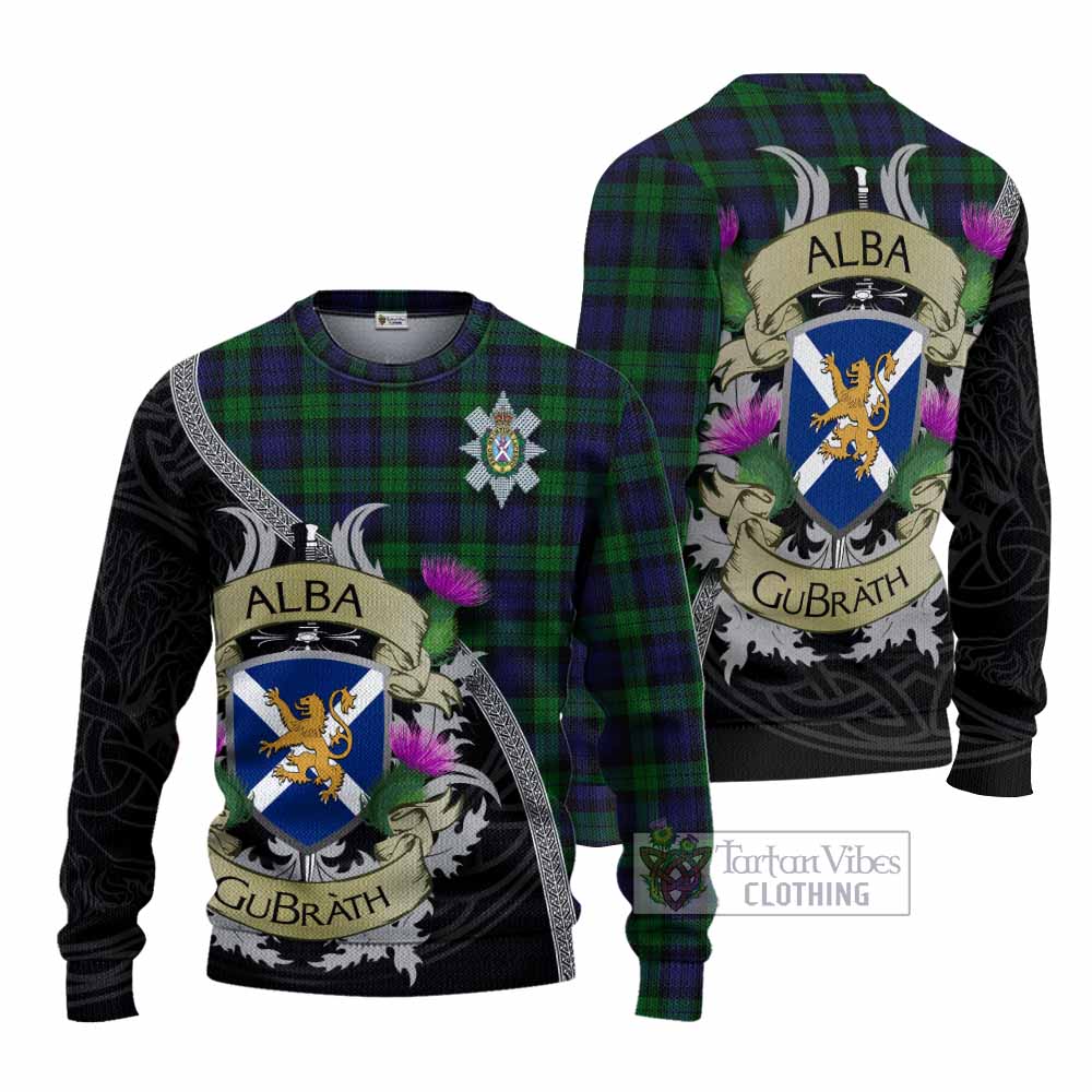 Tartan Vibes Clothing Black Watch Tartan Family Crest Knitted Sweater Lion Rampant Royal Thistle Shield Celtic Inspired