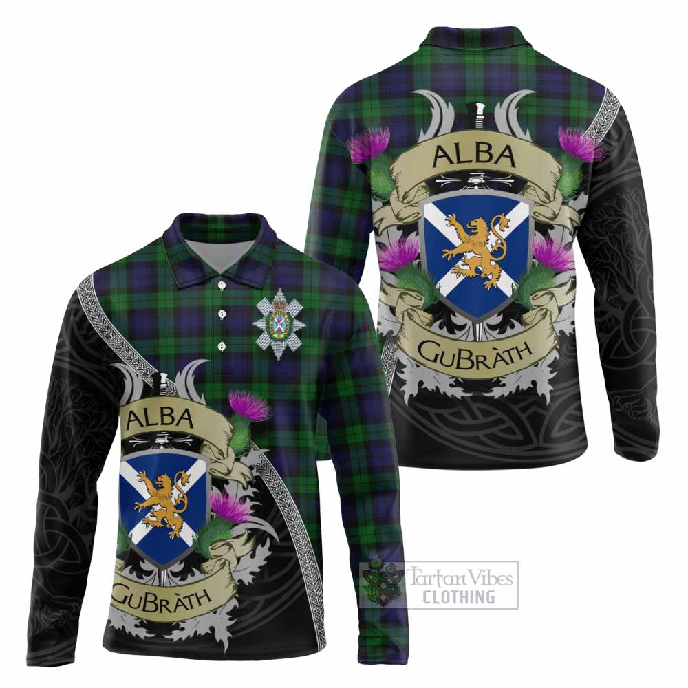 Tartan Vibes Clothing Black Watch Tartan Family Crest Long Sleeve Polo Shirt Lion Rampant Royal Thistle Shield Celtic Inspired