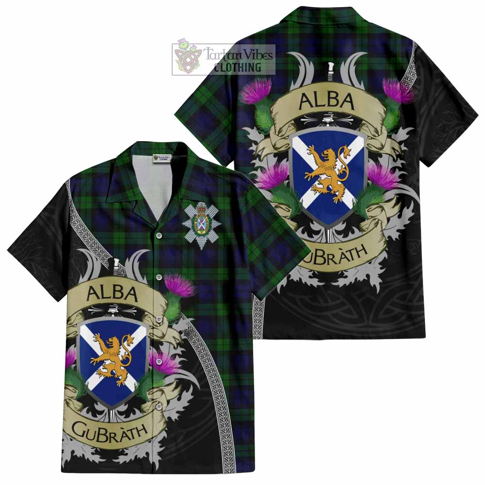 Tartan Vibes Clothing Black Watch Tartan Family Crest Short Sleeve Button Shirt Lion Rampant Royal Thistle Shield Celtic Inspired