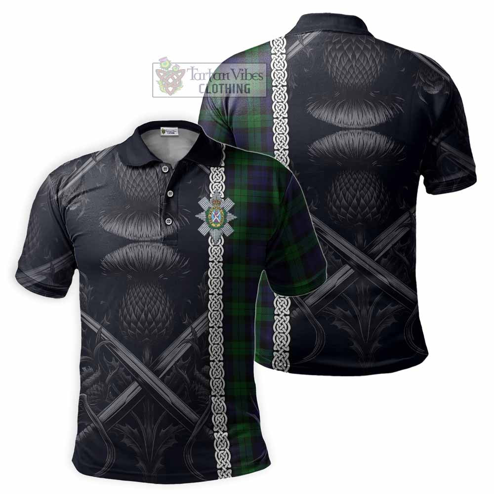 Tartan Vibes Clothing Black Watch Tartan Polo Shirt with Family Crest Cross Sword Thistle Celtic Vibes
