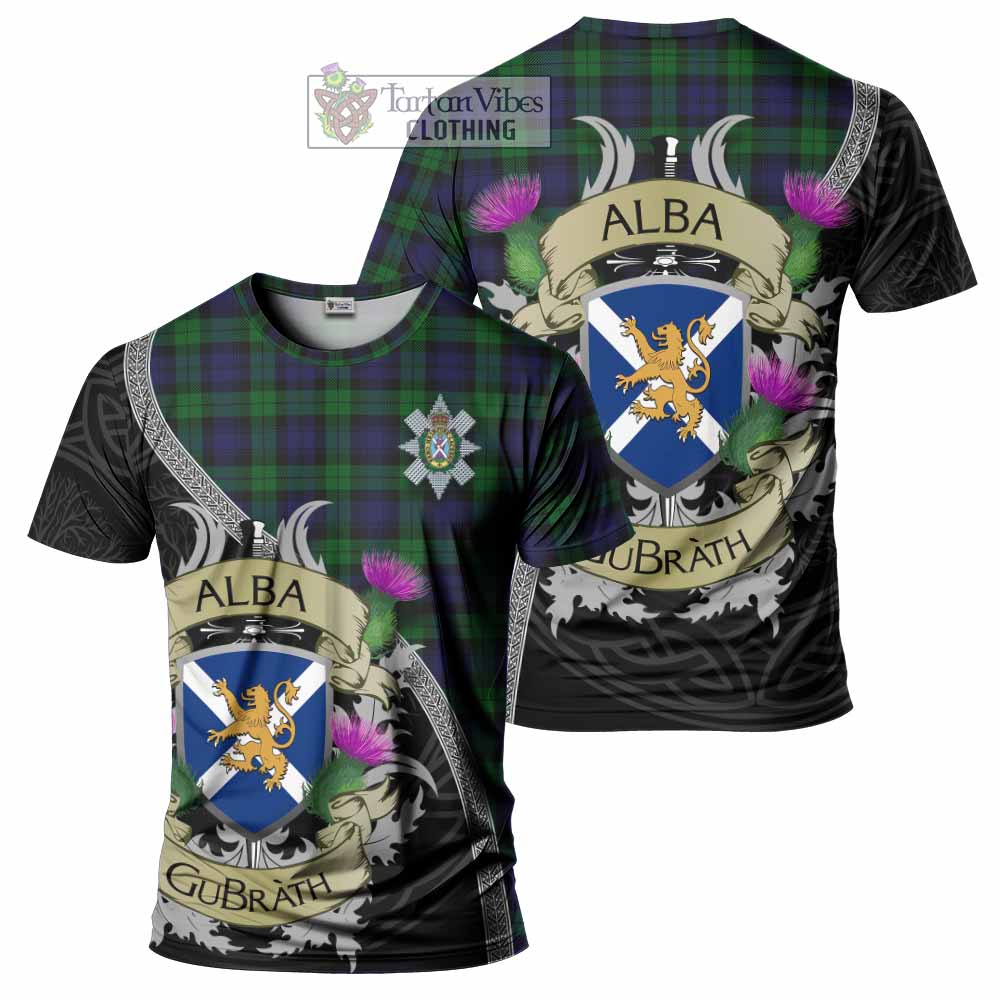 Tartan Vibes Clothing Black Watch Tartan Family Crest T-Shirt Lion Rampant Royal Thistle Shield Celtic Inspired