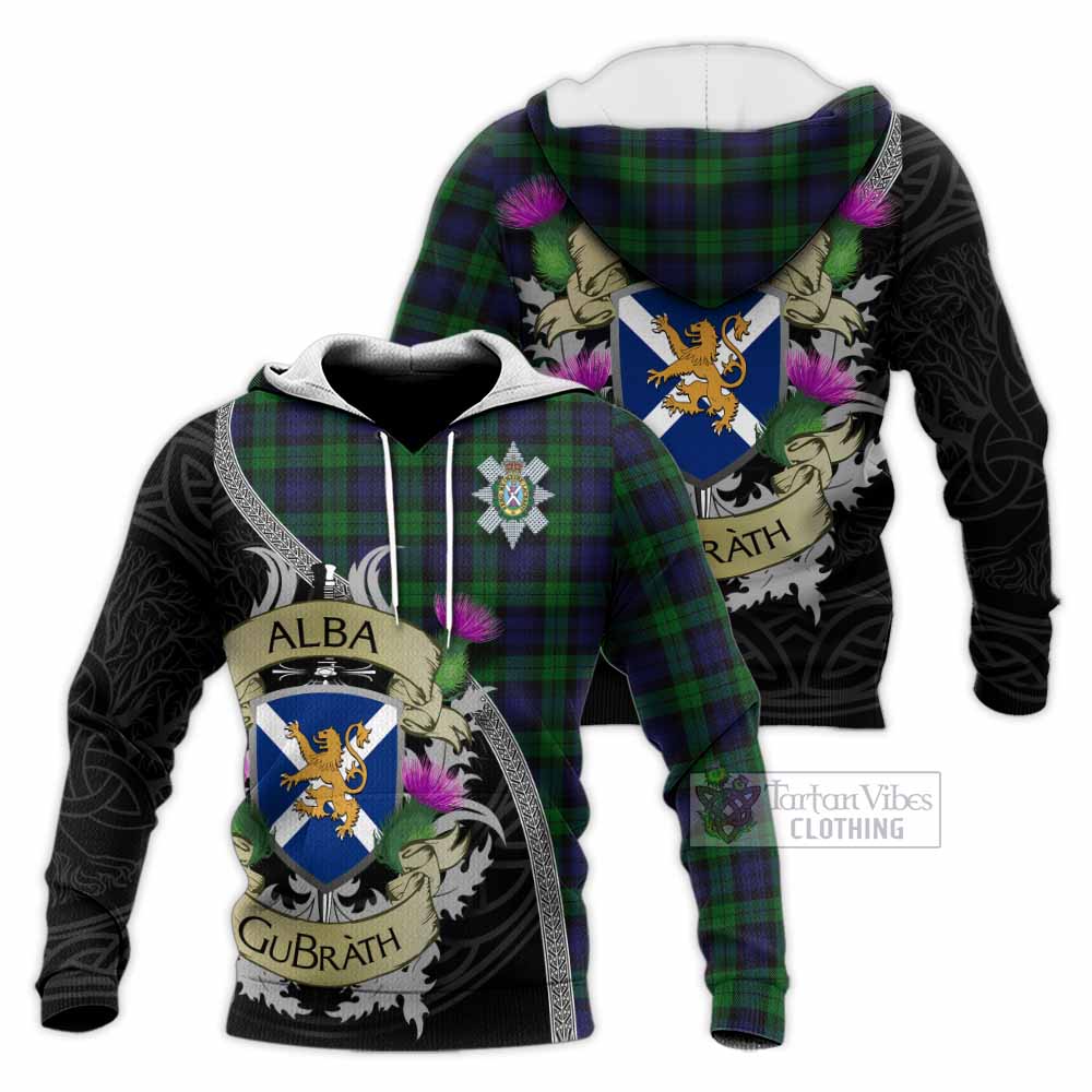 Tartan Vibes Clothing Black Watch Tartan Family Crest Knitted Hoodie Lion Rampant Royal Thistle Shield Celtic Inspired