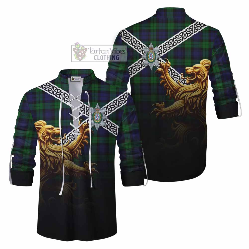 Tartan Vibes Clothing Black Watch Crest Tartan Ghillie Kilt Shirt with Golden Lion Emblem Celtic Style