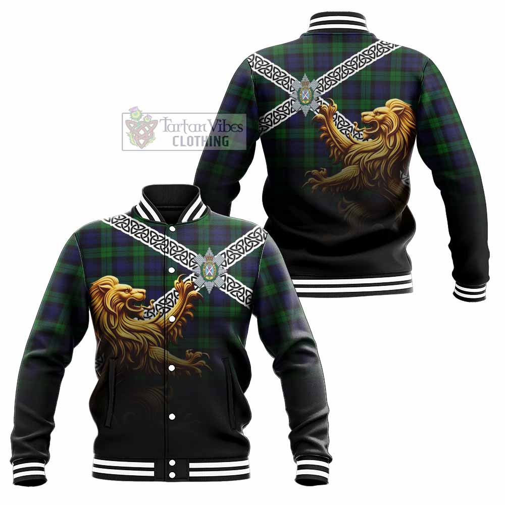 Tartan Vibes Clothing Black Watch Crest Tartan Baseball Jacket with Golden Lion Emblem Celtic Style