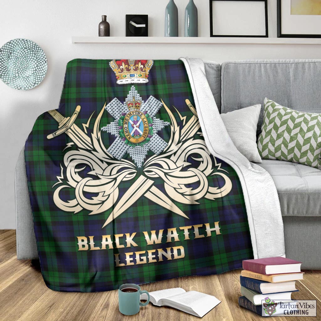 Tartan Vibes Clothing Black Watch Tartan Blanket with Clan Crest and the Golden Sword of Courageous Legacy