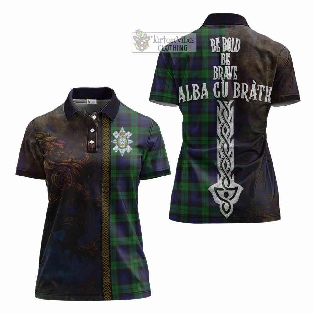 Tartan Vibes Clothing Black Watch Tartan Family Crest Women's Polo Shirt Alba Gu Brath Be Brave Lion Ancient Style