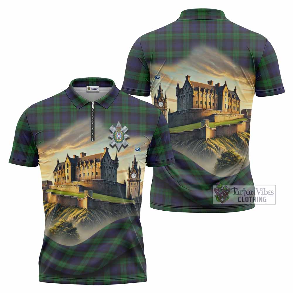 Tartan Vibes Clothing Black Watch Tartan Family Crest Zipper Polo Shirt with Scottish Ancient Castle Stype