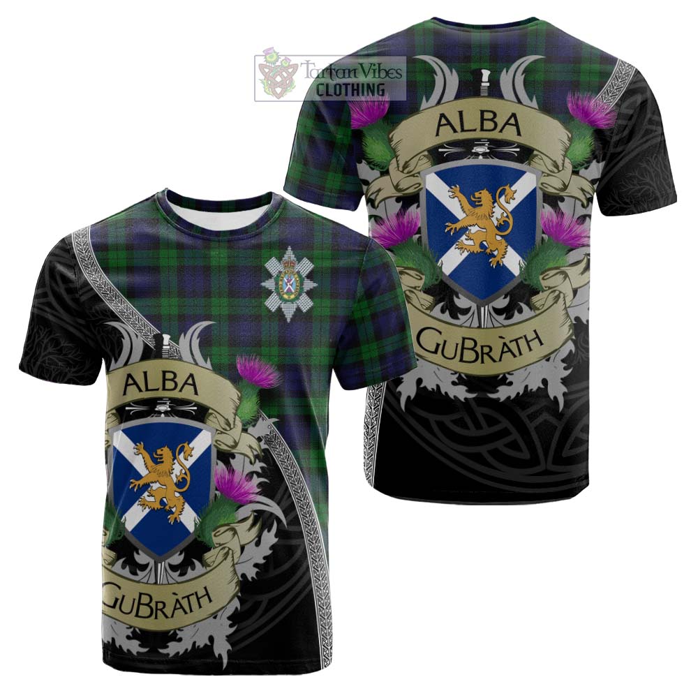 Tartan Vibes Clothing Black Watch Tartan Family Crest Cotton T-shirt Lion Rampant Royal Thistle Shield Celtic Inspired