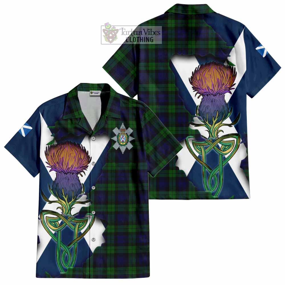 Tartan Vibes Clothing Black Watch Tartan Family Crest Short Sleeve Button Shirt Scottish Thistle Celtic Inspired