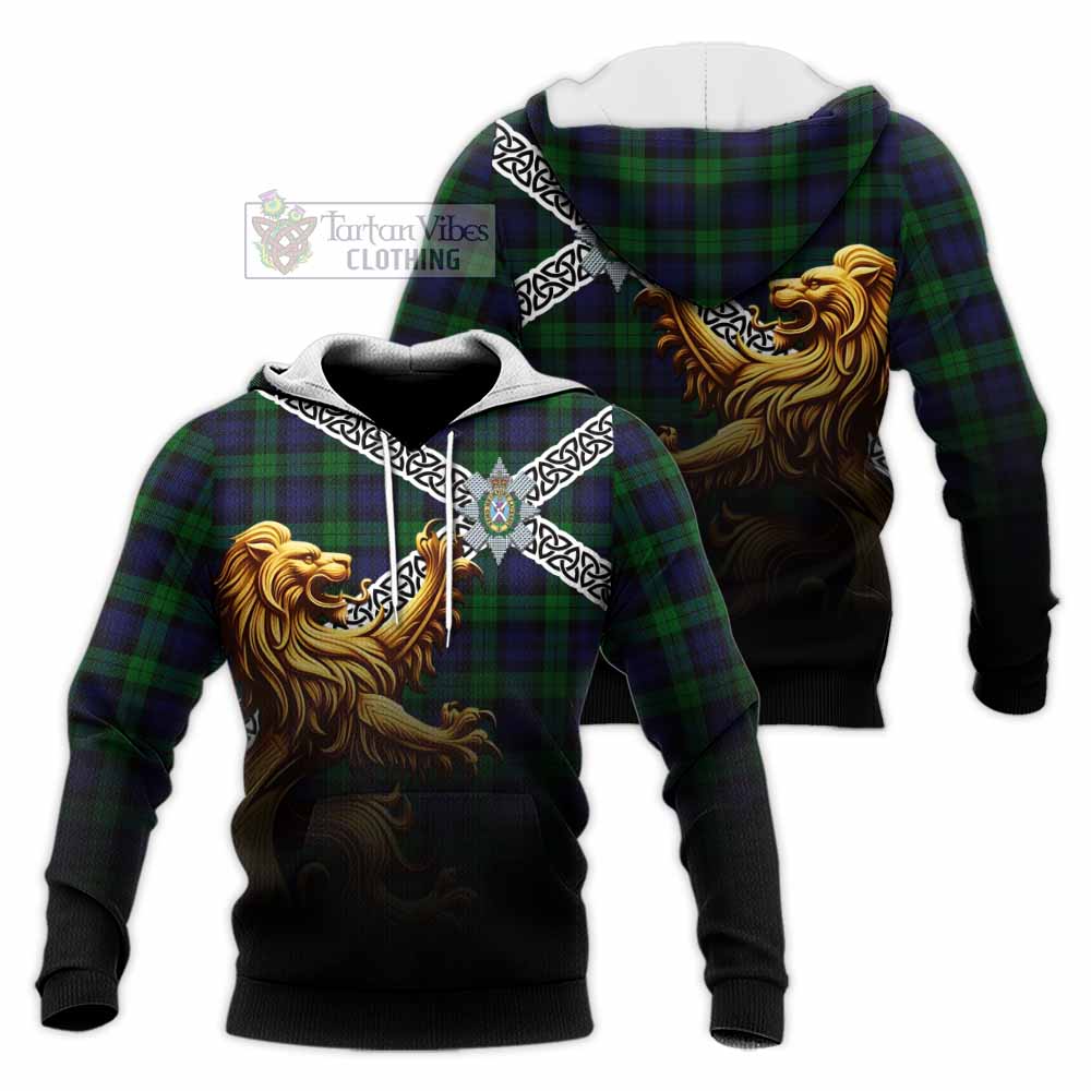 Tartan Vibes Clothing Black Watch Crest Tartan Knitted Hoodie with Golden Lion Emblem Celtic Style