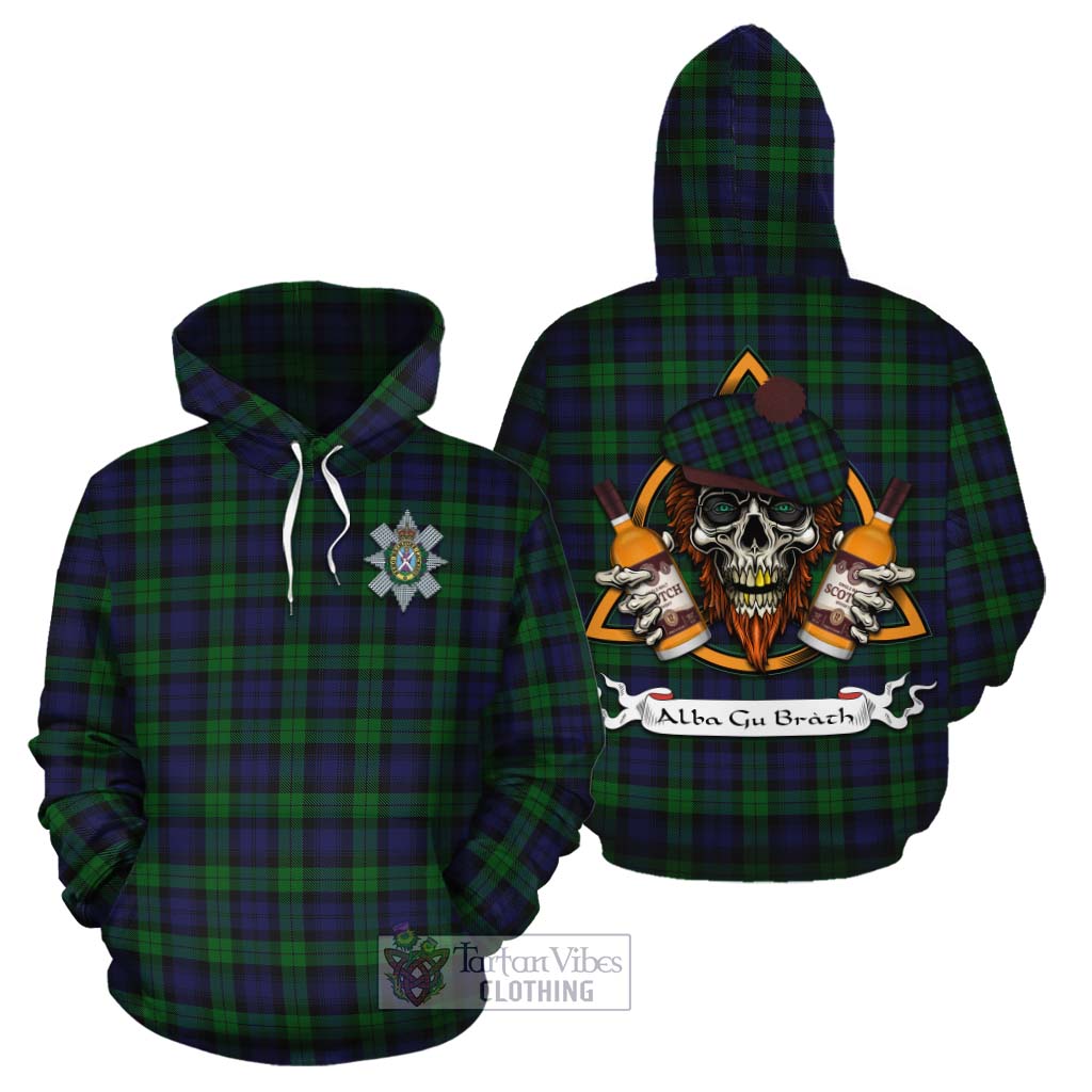 Tartan Vibes Clothing Black Watch Tartan Cotton Hoodie with Family Crest and Bearded Skull Holding Bottles of Whiskey