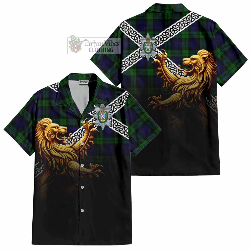 Tartan Vibes Clothing Black Watch Crest Tartan Short Sleeve Button Shirt with Golden Lion Emblem Celtic Style
