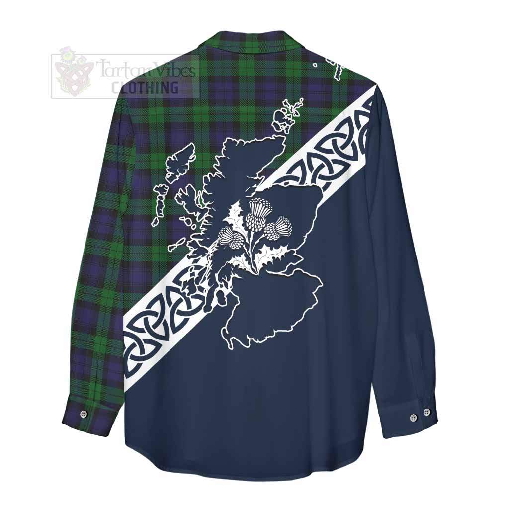 Tartan Vibes Clothing Black Watch Tartan Women's Casual Shirt Featuring Thistle and Scotland Map