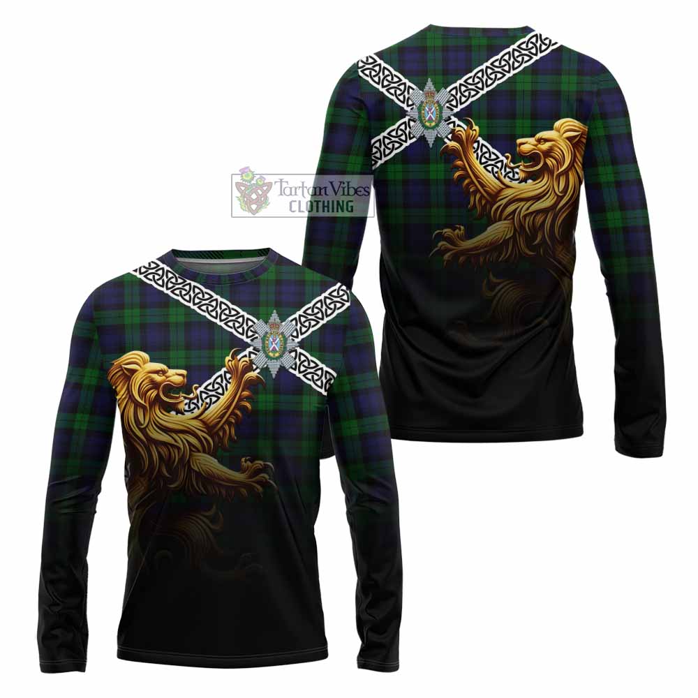 Tartan Vibes Clothing Black Watch Crest Tartan Long Sleeve T-Shirt with Golden Lion Emblem Celtic Style