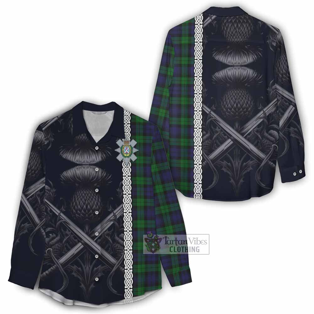 Tartan Vibes Clothing Black Watch Tartan Women's Casual Shirt with Family Crest Cross Sword Thistle Celtic Vibes