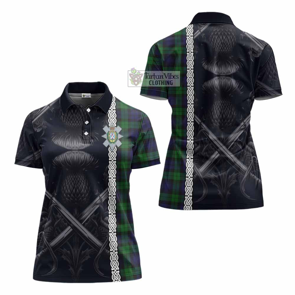 Tartan Vibes Clothing Black Watch Tartan Women's Polo Shirt with Family Crest Cross Sword Thistle Celtic Vibes