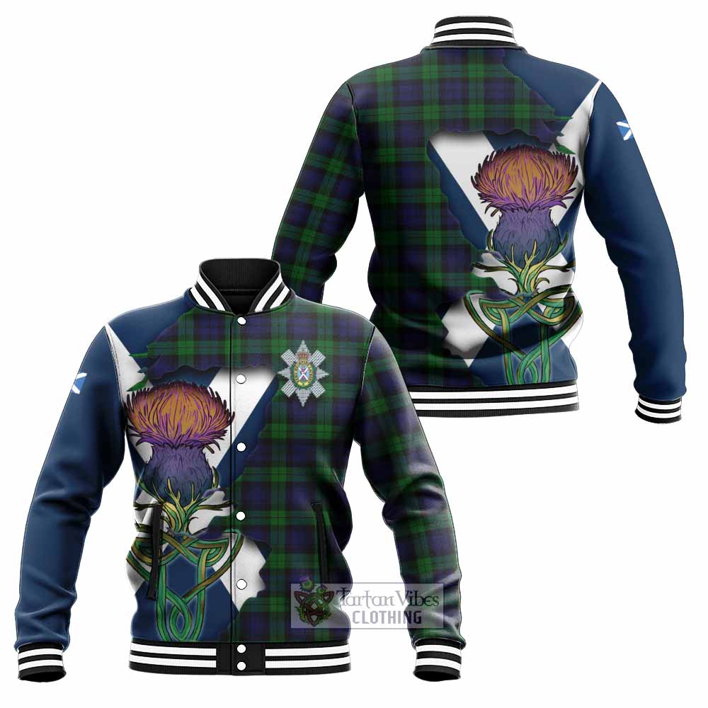 Tartan Vibes Clothing Black Watch Tartan Family Crest Baseball Jacket Scottish Thistle Celtic Inspired