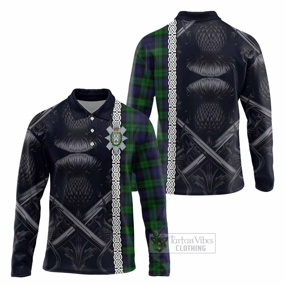 Tartan Vibes Clothing Black Watch Tartan Long Sleeve Polo Shirt with Family Crest Cross Sword Thistle Celtic Vibes