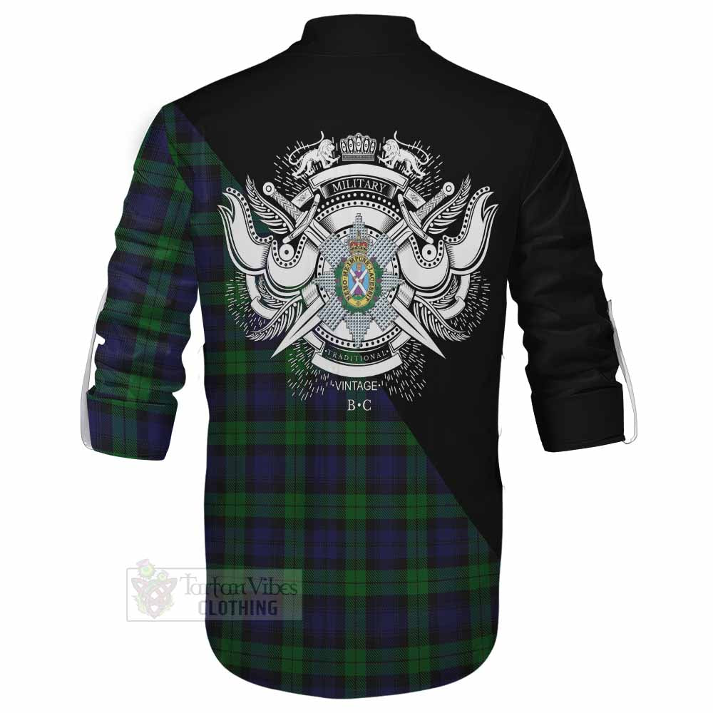 Tartan Vibes Clothing Black Watch Tartan Ghillie Kilt Shirt with Family Crest and Military Logo Style