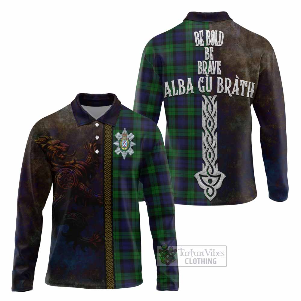 Tartan Vibes Clothing Black Watch Tartan Family Crest Long Sleeve Polo Shirt Alba Gu Brath Be Brave Lion Ancient Style
