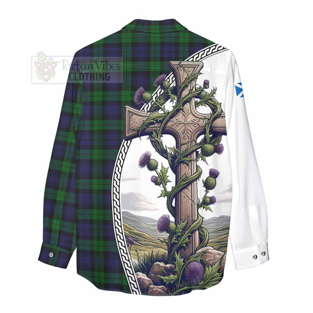 Tartan Vibes Clothing Black Watch Tartan Women's Casual Shirt with Family Crest and St. Andrew's Cross Accented by Thistle Vines