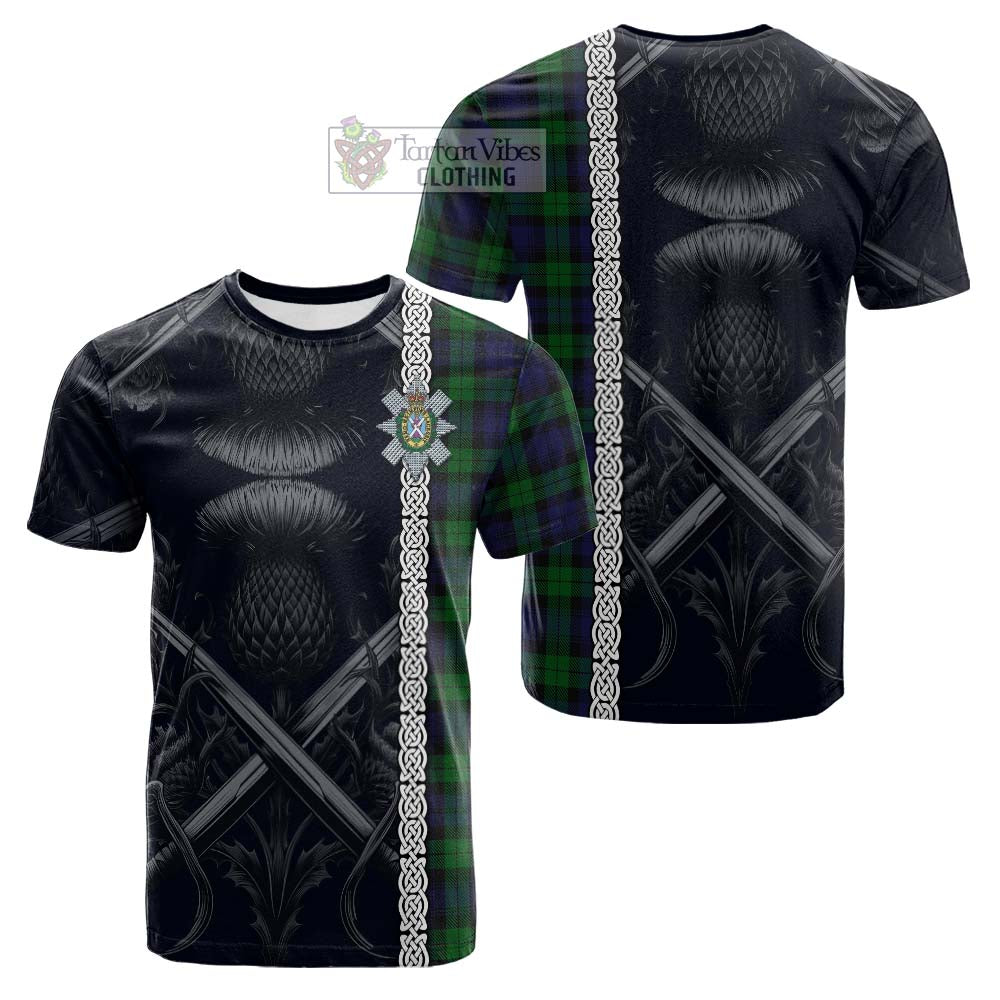 Tartan Vibes Clothing Black Watch Tartan Cotton T-shirt with Family Crest Cross Sword Thistle Celtic Vibes