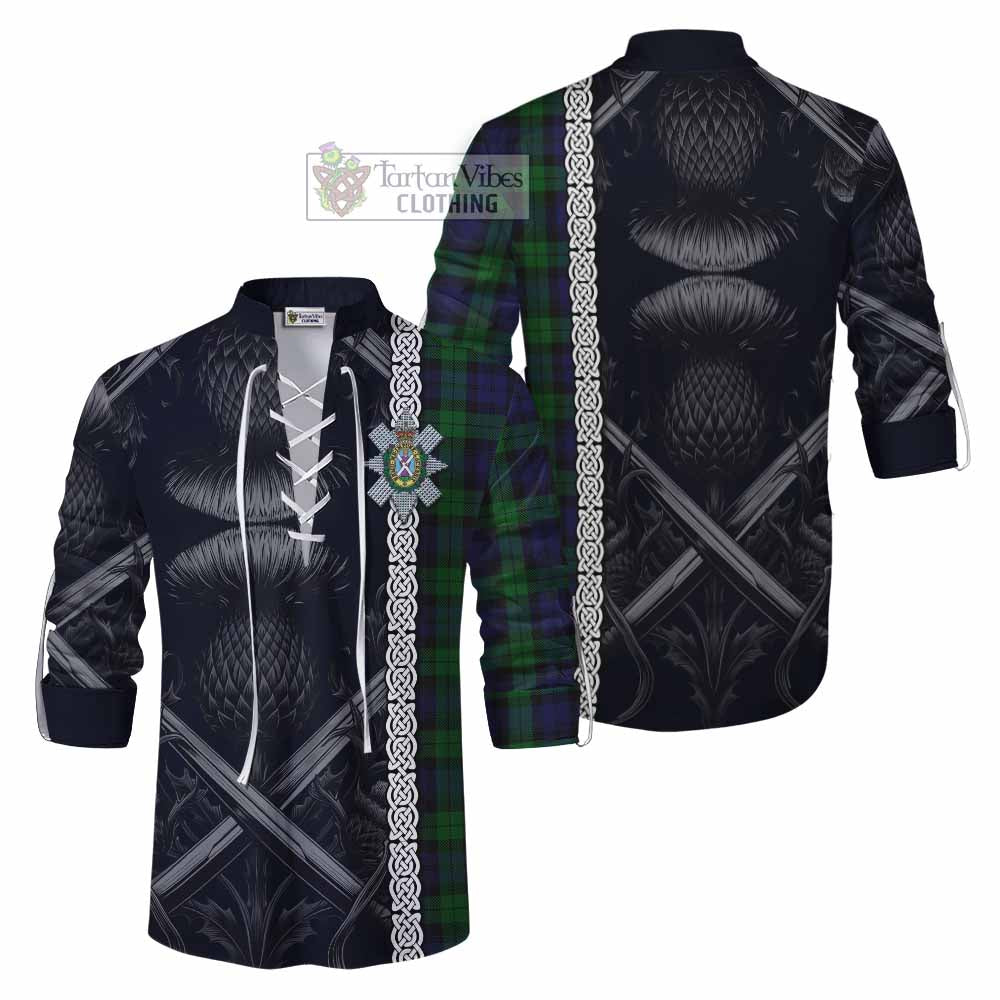 Tartan Vibes Clothing Black Watch Tartan Ghillie Kilt Shirt with Family Crest Cross Sword Thistle Celtic Vibes