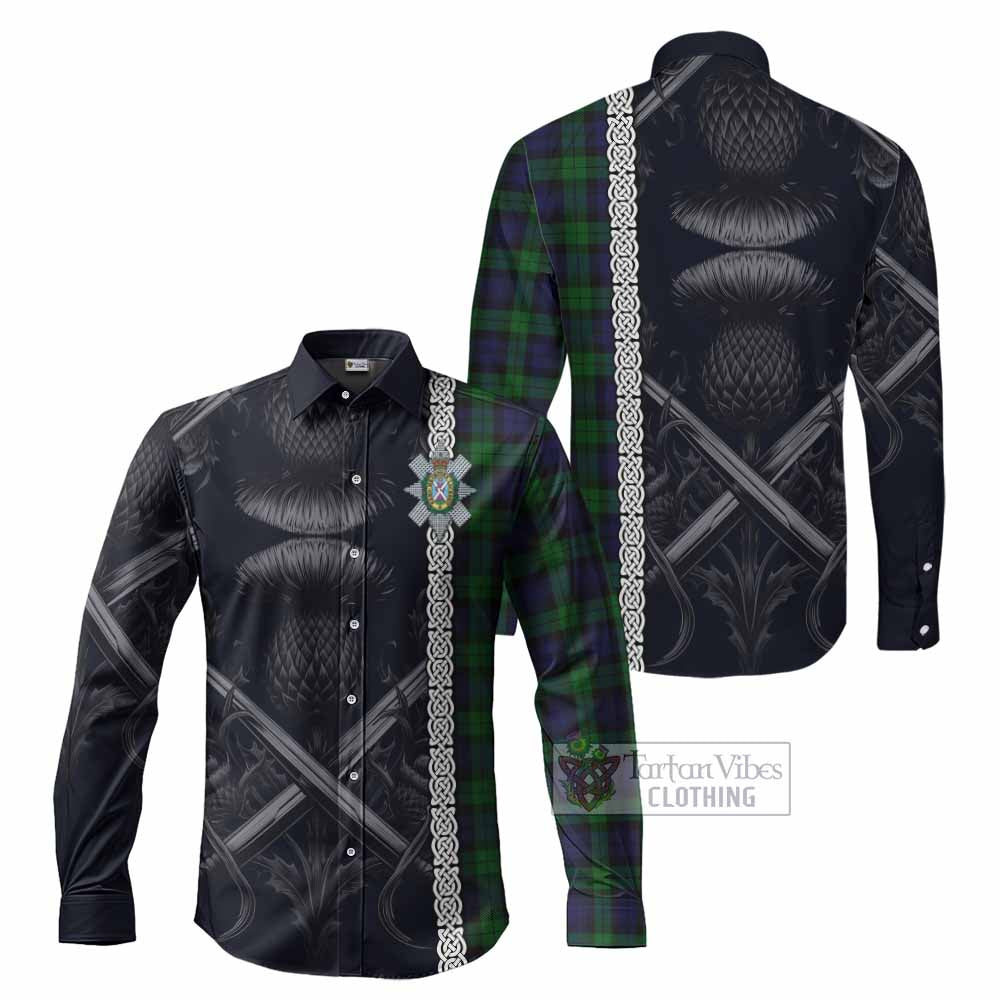 Tartan Vibes Clothing Black Watch Tartan Long Sleeve Button Shirt with Family Crest Cross Sword Thistle Celtic Vibes