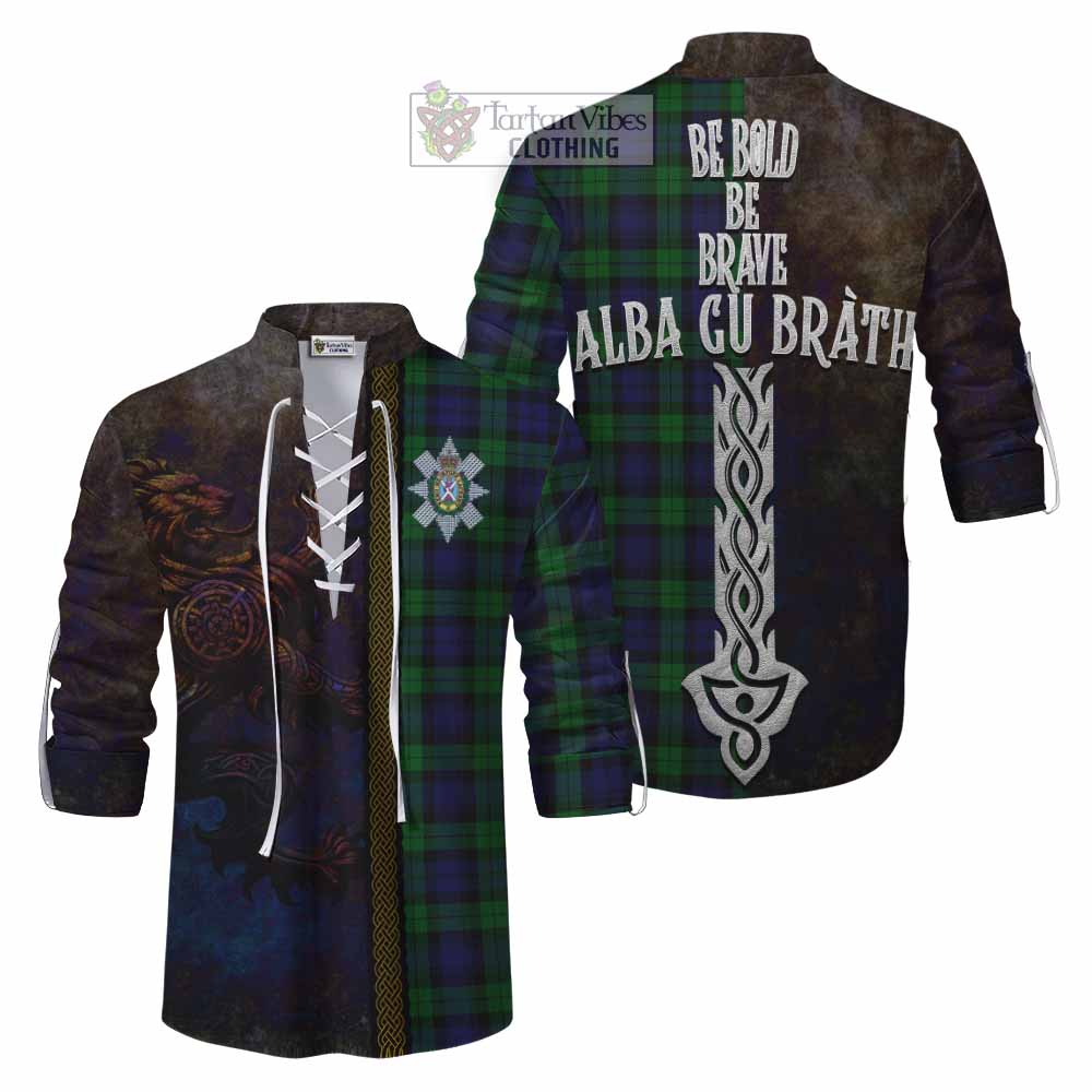 Tartan Vibes Clothing Black Watch Tartan Family Crest Ghillie Kilt Shirt Alba Gu Brath Be Brave Lion Ancient Style