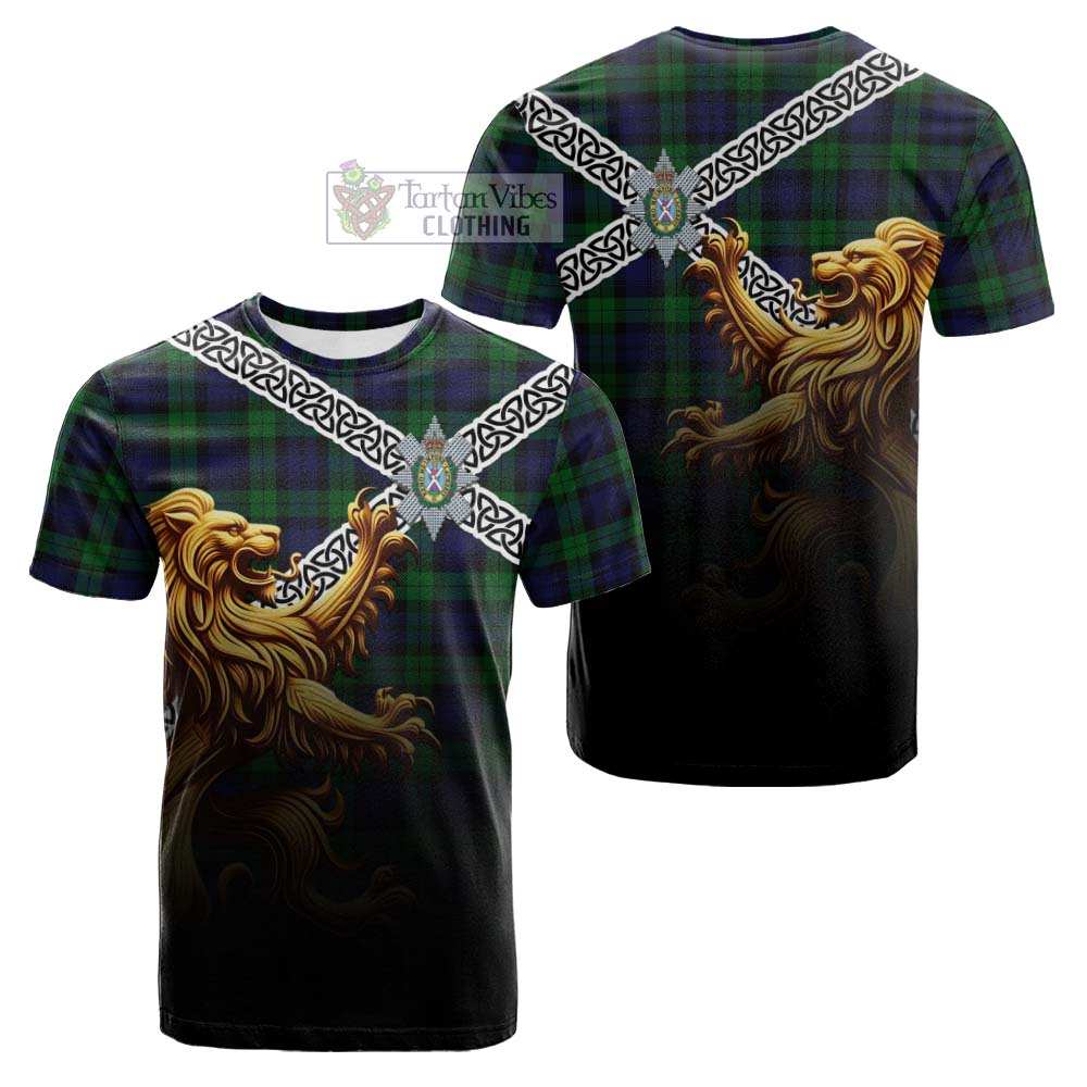 Tartan Vibes Clothing Black Watch Crest Tartan Cotton T-shirt with Golden Lion Emblem Celtic Style