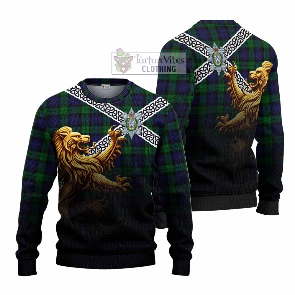 Tartan Vibes Clothing Black Watch Crest Tartan Knitted Sweater with Golden Lion Emblem Celtic Style