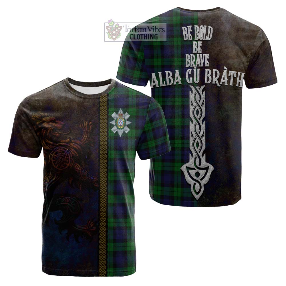 Tartan Vibes Clothing Black Watch Tartan Family Crest Cotton T-shirt Alba Gu Brath Be Brave Lion Ancient Style