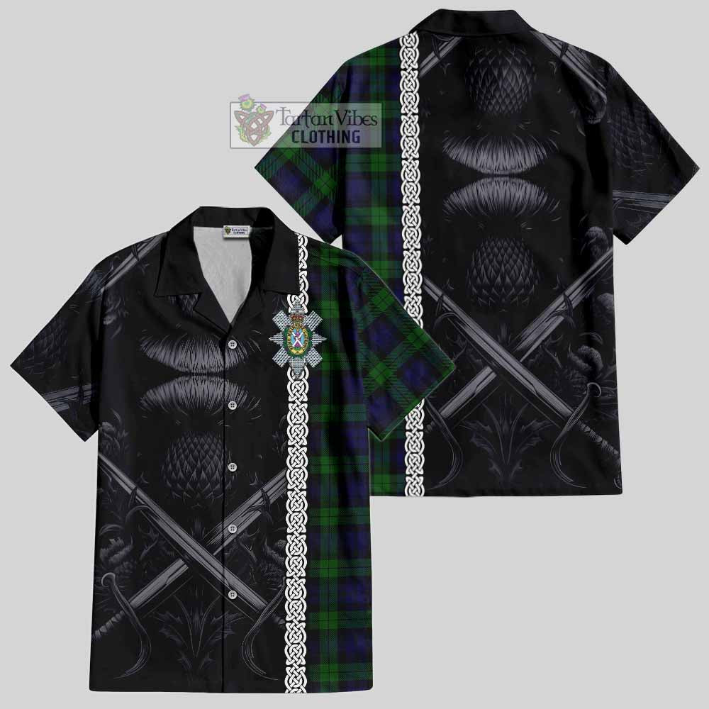 Tartan Vibes Clothing Black Watch Tartan Short Sleeve Button Shirt with Family Crest Cross Sword Thistle Celtic Vibes