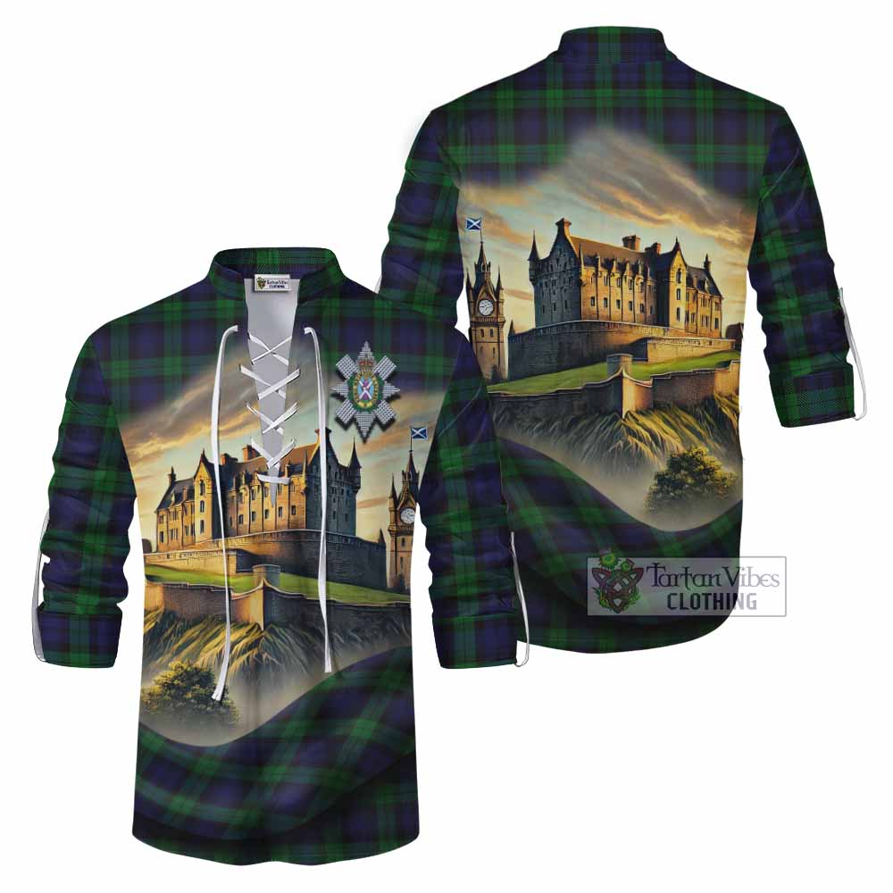 Tartan Vibes Clothing Black Watch Tartan Family Crest Ghillie Kilt Shirt with Scottish Ancient Castle Style