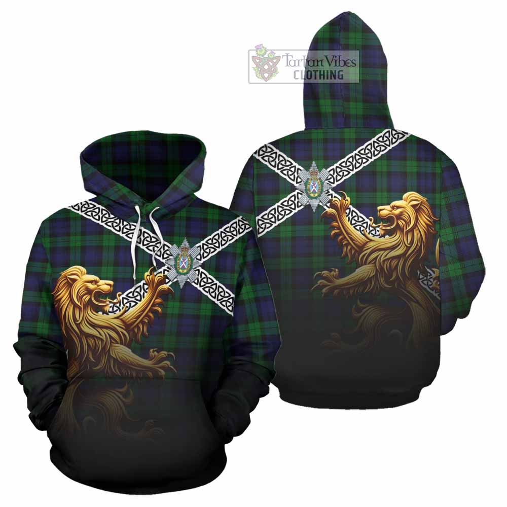 Tartan Vibes Clothing Black Watch Crest Tartan Hoodie with Golden Lion Emblem Celtic Style
