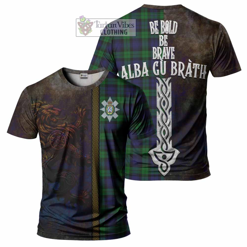 Tartan Vibes Clothing Black Watch Tartan Family Crest T-Shirt Alba Gu Brath Be Brave Lion Ancient Style