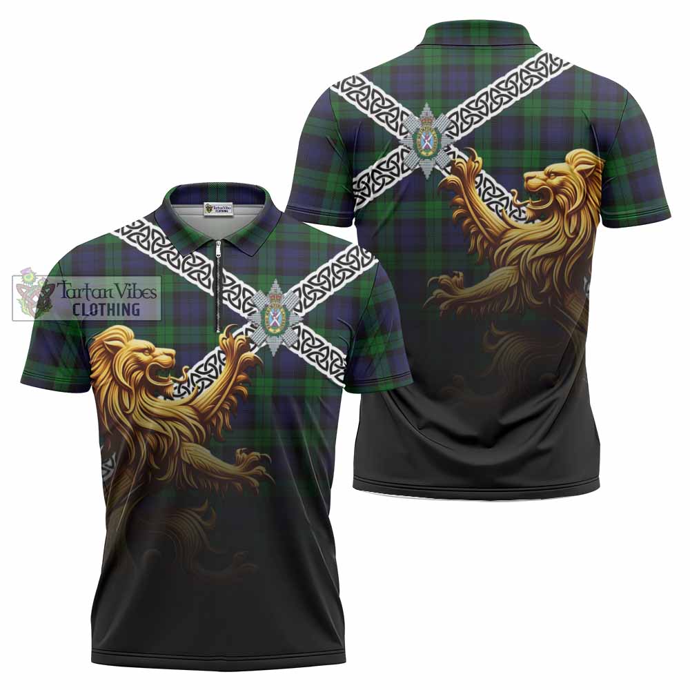 Tartan Vibes Clothing Black Watch Crest Tartan Zipper Polo Shirt with Golden Lion Emblem Celtic Style