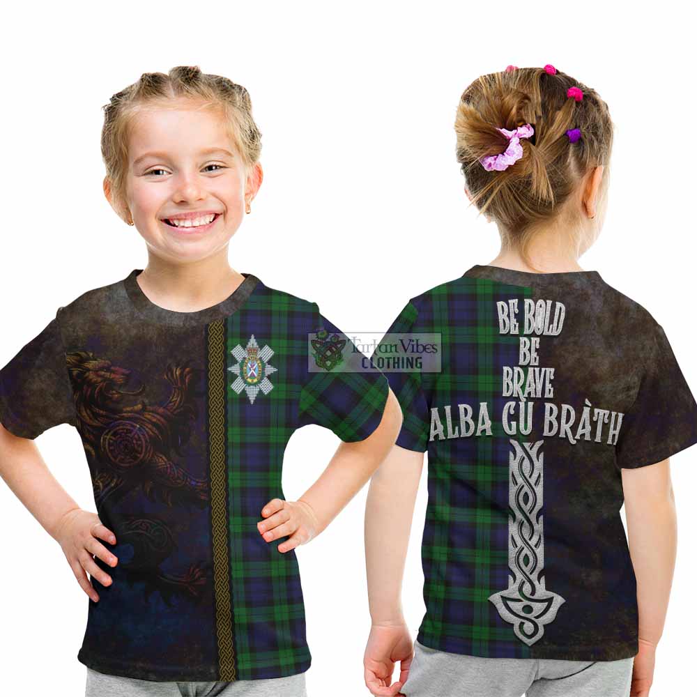 Tartan Vibes Clothing Black Watch Tartan Family Crest Kid T-Shirt Alba Gu Brath Be Brave Lion Ancient Style