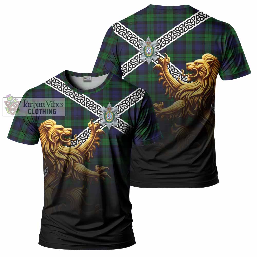 Tartan Vibes Clothing Black Watch Crest Tartan T-Shirt with Golden Lion Emblem Celtic Style