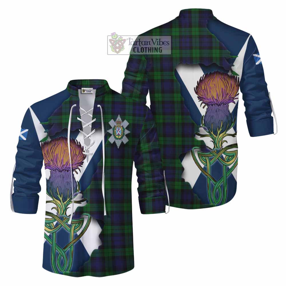 Tartan Vibes Clothing Black Watch Tartan Family Crest Ghillie Kilt Shirt Scottish Thistle Celtic Inspired