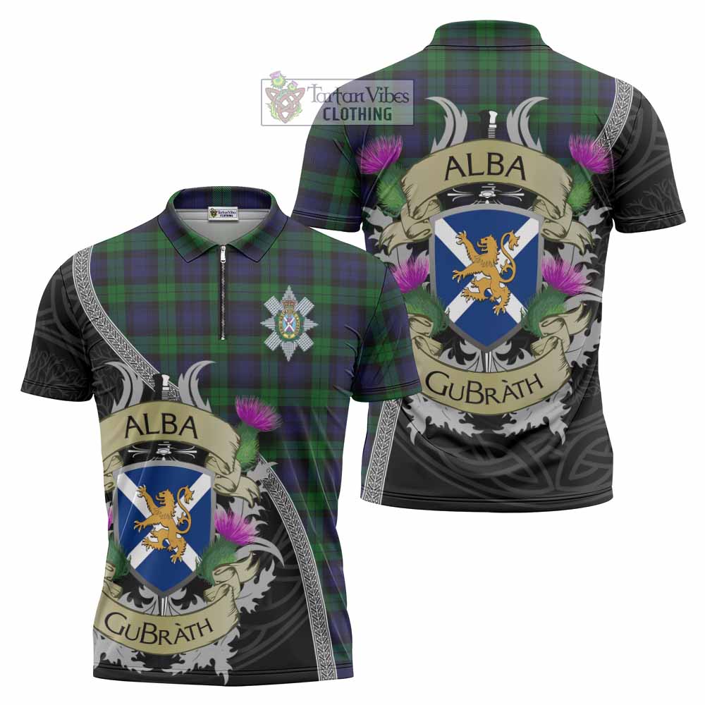 Tartan Vibes Clothing Black Watch Tartan Family Crest Zipper Polo Shirt Lion Rampant Royal Thistle Shield Celtic Inspired