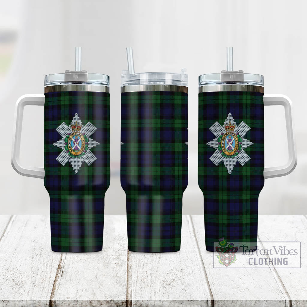Tartan Vibes Clothing Black Watch Tartan and Family Crest Tumbler with Handle