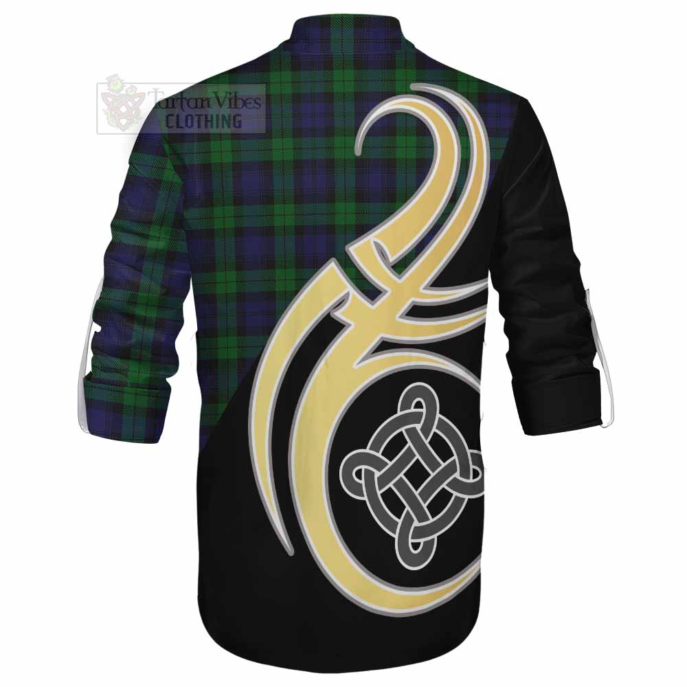 Tartan Vibes Clothing Black Watch Tartan Ghillie Kilt Shirt with Family Crest and Celtic Symbol Style