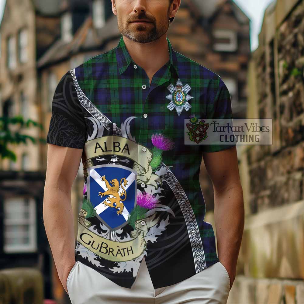 Tartan Vibes Clothing Black Watch Tartan Family Crest Short Sleeve Button Shirt Lion Rampant Royal Thistle Shield Celtic Inspired