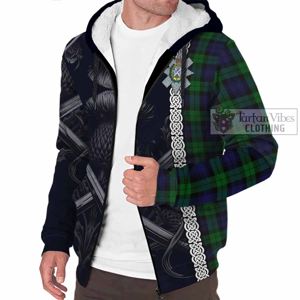 Tartan Vibes Clothing Black Watch Tartan Sherpa Hoodie with Family Crest Cross Sword Thistle Celtic Vibes
