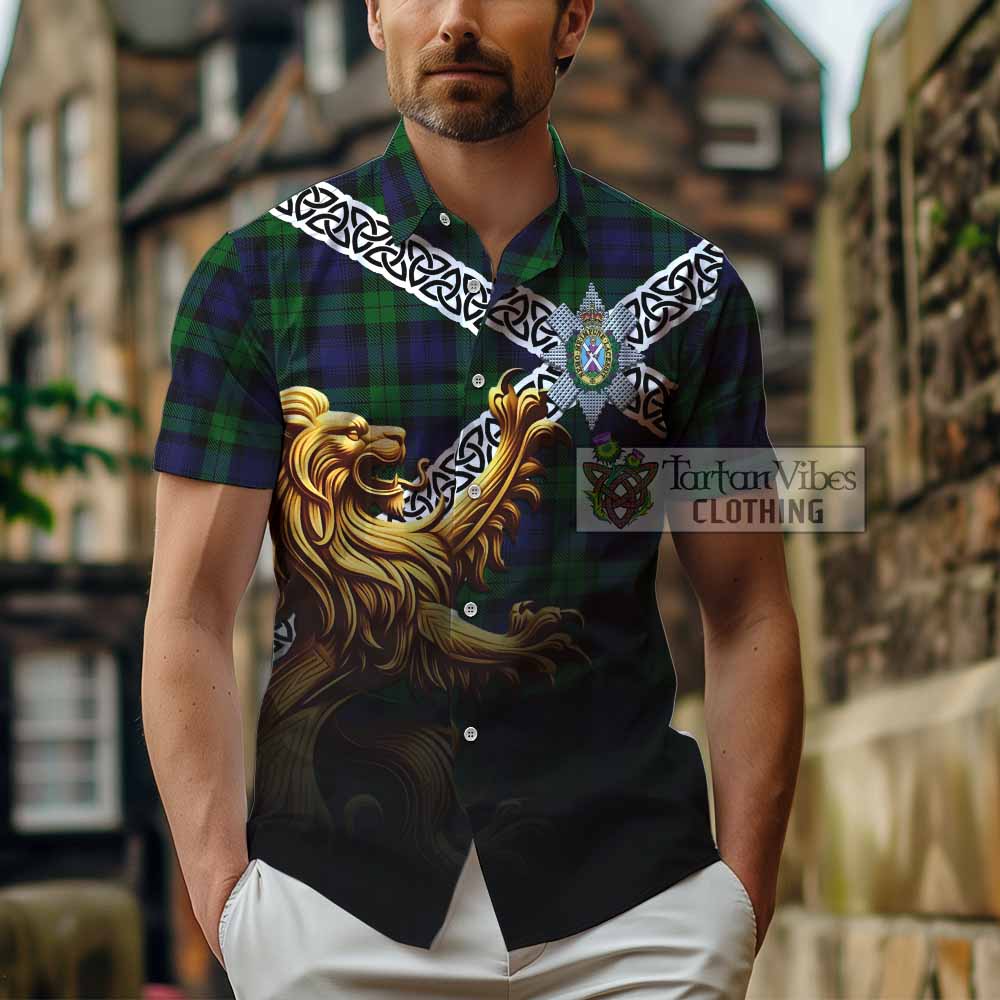 Tartan Vibes Clothing Black Watch Crest Tartan Short Sleeve Button Shirt with Golden Lion Emblem Celtic Style