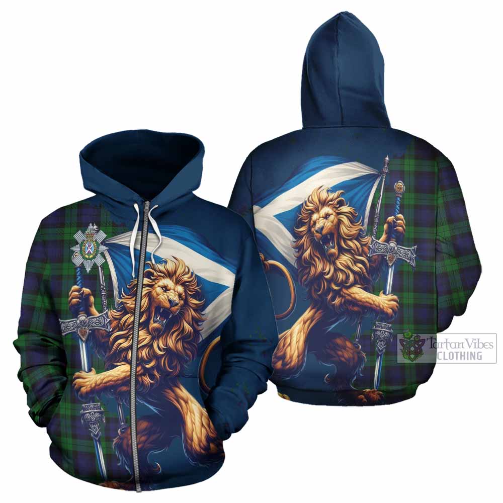 Black Watch Tartan Family Crest Hoodie with Scottish Majestic Lion