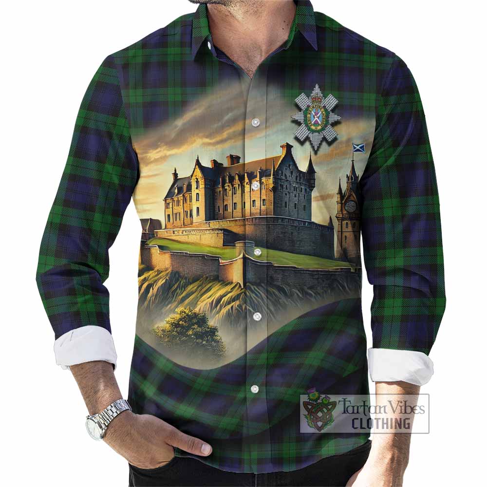 Tartan Vibes Clothing Black Watch Tartan Family Crest Long Sleeve Button Shirt with Scottish Ancient Castle Style