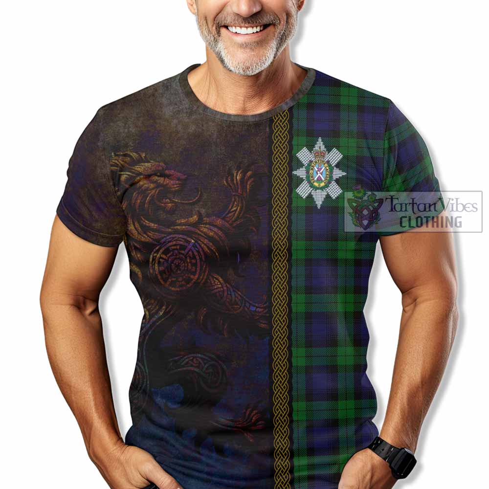 Tartan Vibes Clothing Black Watch Tartan Family Crest T-Shirt Alba Gu Brath Be Brave Lion Ancient Style