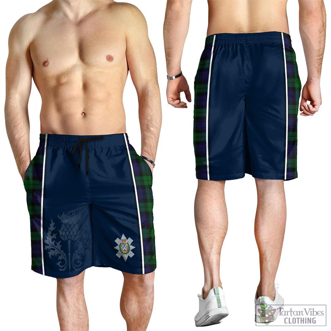 Tartan Vibes Clothing Black Watch Tartan Men's Shorts with Family Crest and Scottish Thistle Vibes Sport Style